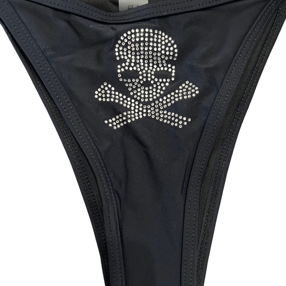 Black Rhinestone Skull Triangle Halter Cheeky Bikini Set - Picture 4 of 11